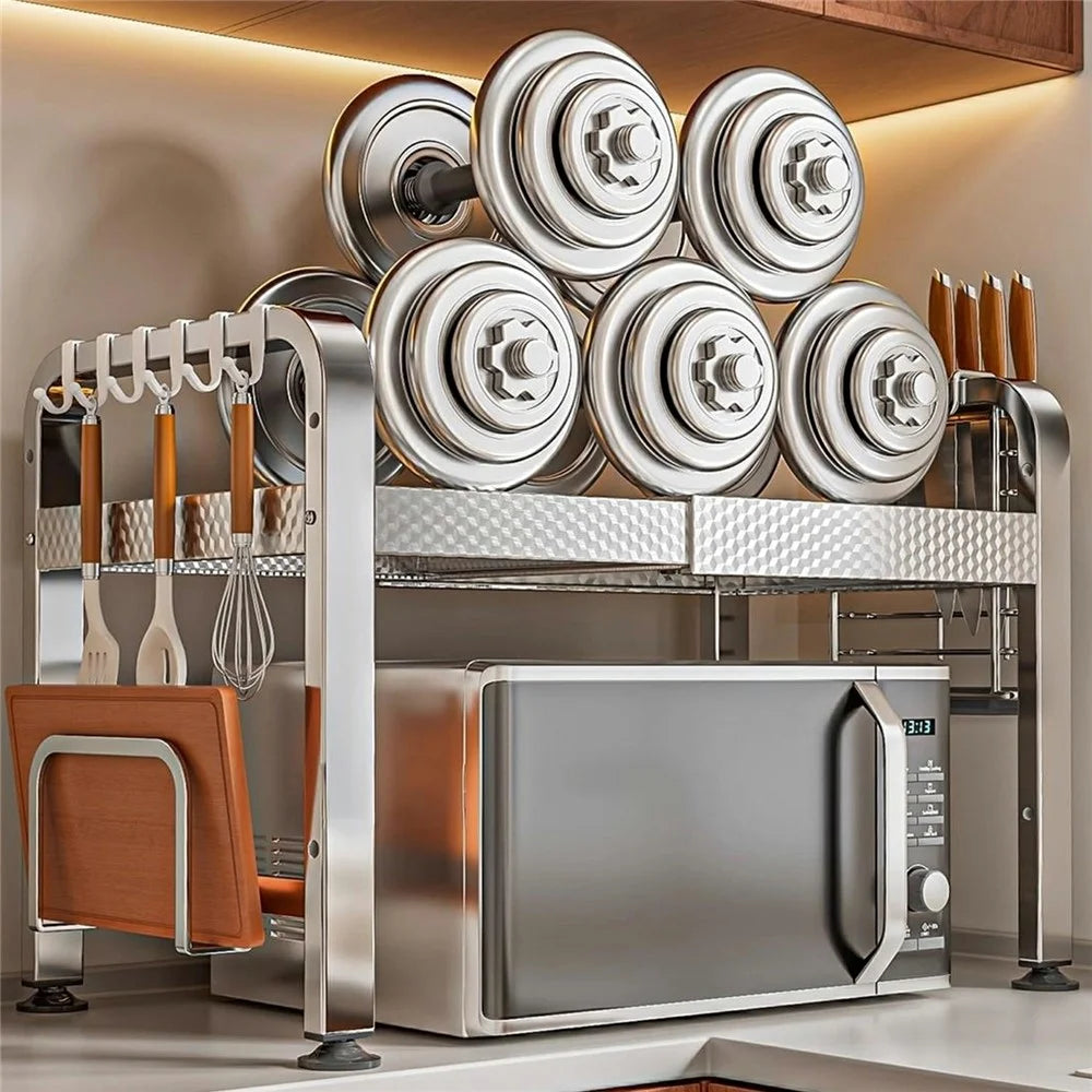 2-Layer Stainless Steel Kitchen Microwave Oven Rack Printed Panel Kitchen Counter Storage Microwave Stand with Hooks - 3