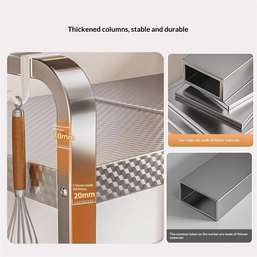 3-Layer Stainless Steel Kitchen Microwave Oven Rack with Cutting Board Rack & Cutlery Rack Printed Panel Kitchen Counter Storage Microwave Stand with Hooks - 2