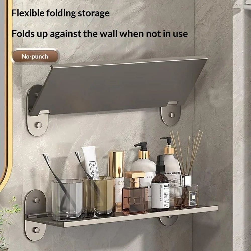 30x12x7cm Bathroom Aluminum Folding Wall Shelf No-Punch 90 Degree Foldable Storage Rack for Toilet Kitchen - 2