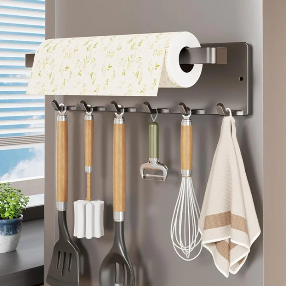 Magnetic Kitchen Paper Towel Holder with 6Pcs Hooks Carbon Steel Fridge Side Wall-Mounted Storage Rack for Organization - Gunmetal Grey - 1
