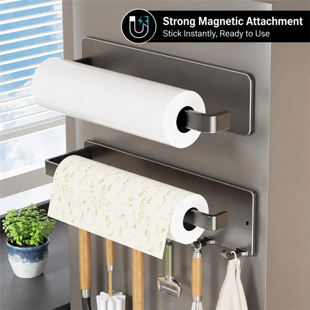 Magnetic Kitchen Paper Towel Holder with 6Pcs Hooks Carbon Steel Fridge Side Wall-Mounted Storage Rack for Organization - Gunmetal Grey - 2