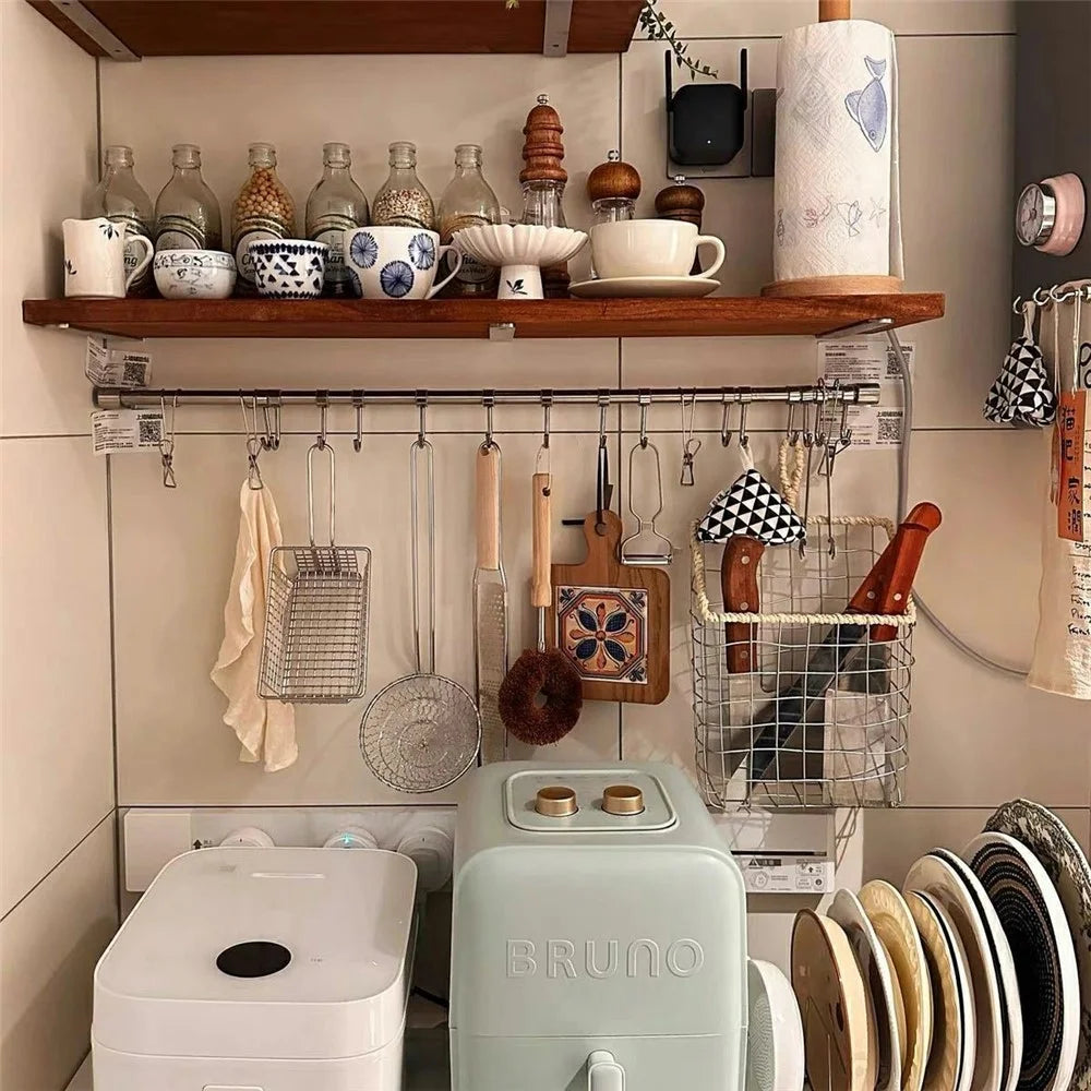 15x60x4cm Kitchen Wall-Mounted Storage Rack with 10Pcs Hooks & Stainless Steel Bar No Drill Storage Organizer Wood Shelf - Walnut Wood Grain - 4