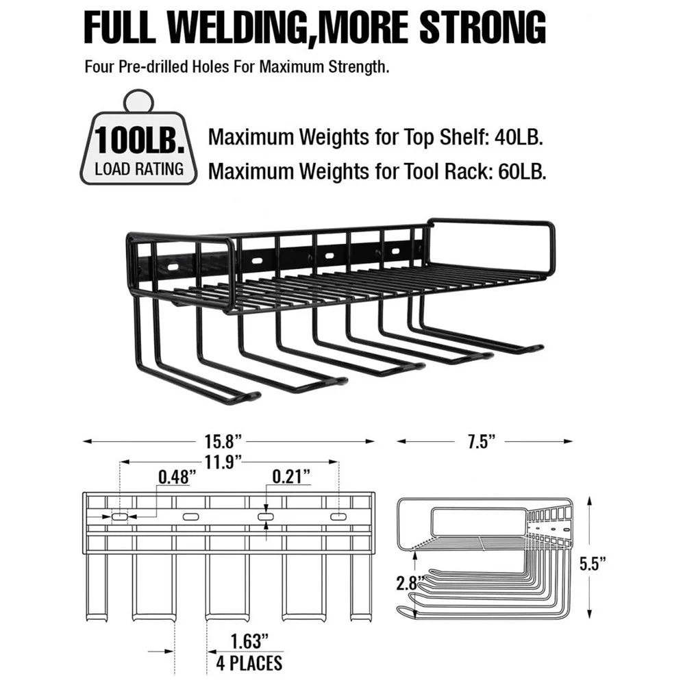 4 Drill Holder Wall Mount Tool Organizer with Shelf 100LBS Steel Rack for Garage Workshop - Black - 5