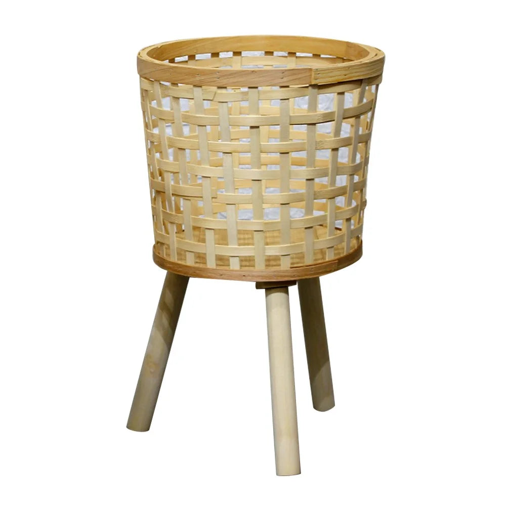 Home Planter Pot Basket Stand Leg Design Flower Vase Holder Hand-Woven Bamboo Basket Office Decoration, Size: M - Grid - 2
