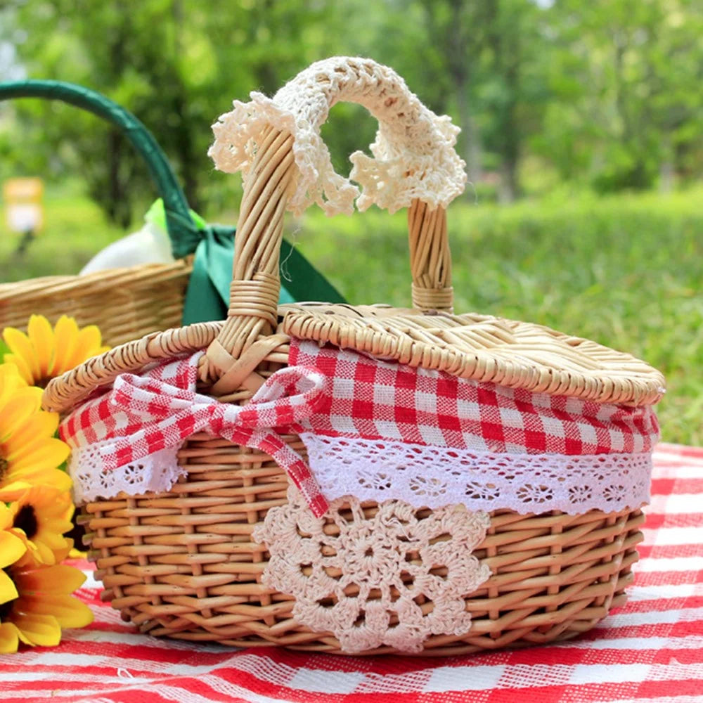 Hand-Woven Wicker Picnic Basket Lid Design Cotton+Linen Cloth Lining Blanket for Eggs, Candy, Flowers, Size: L - Red Grid - 2