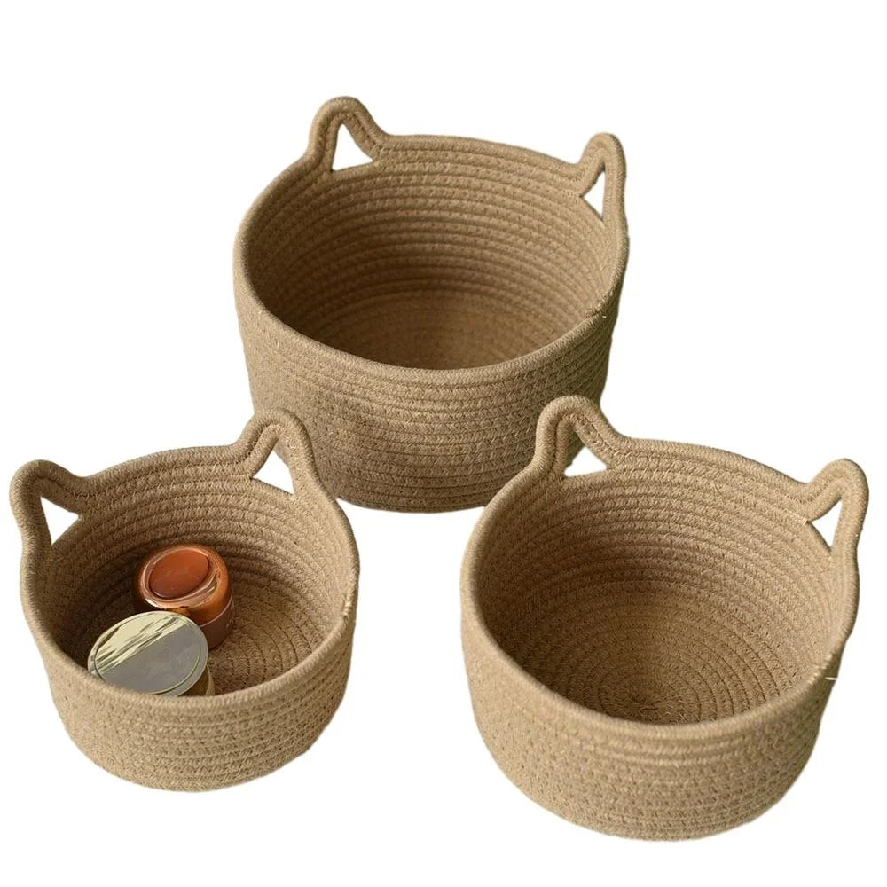 3Pcs / Set Cat Ears Design Cotton Rope Woven Storage Basket Round Desktop Sundries Organizer - Yellowish Brown - 1