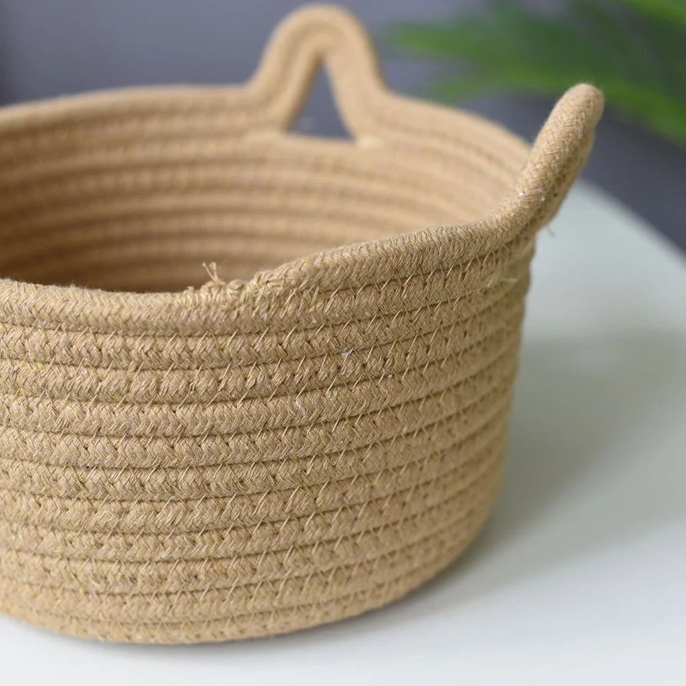3Pcs / Set Cat Ears Design Cotton Rope Woven Storage Basket Round Desktop Sundries Organizer - Yellowish Brown - 5
