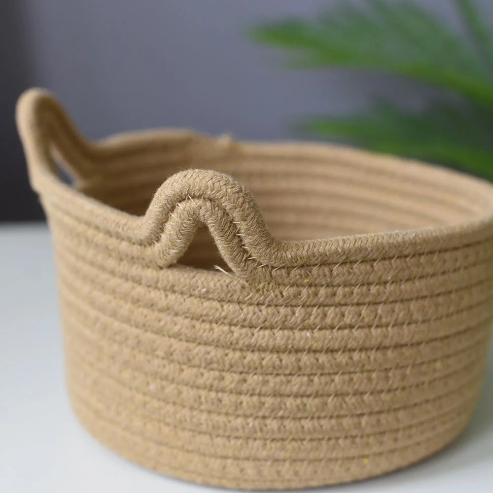 3Pcs / Set Cat Ears Design Cotton Rope Woven Storage Basket Round Desktop Sundries Organizer - Yellowish Brown - 6