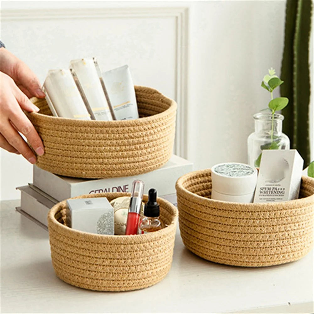 3Pcs / Set Nordic Cotton Rope Woven Storage Basket Round Desktop Cosmetics Organizer Basket - Yellowish Brown - 2