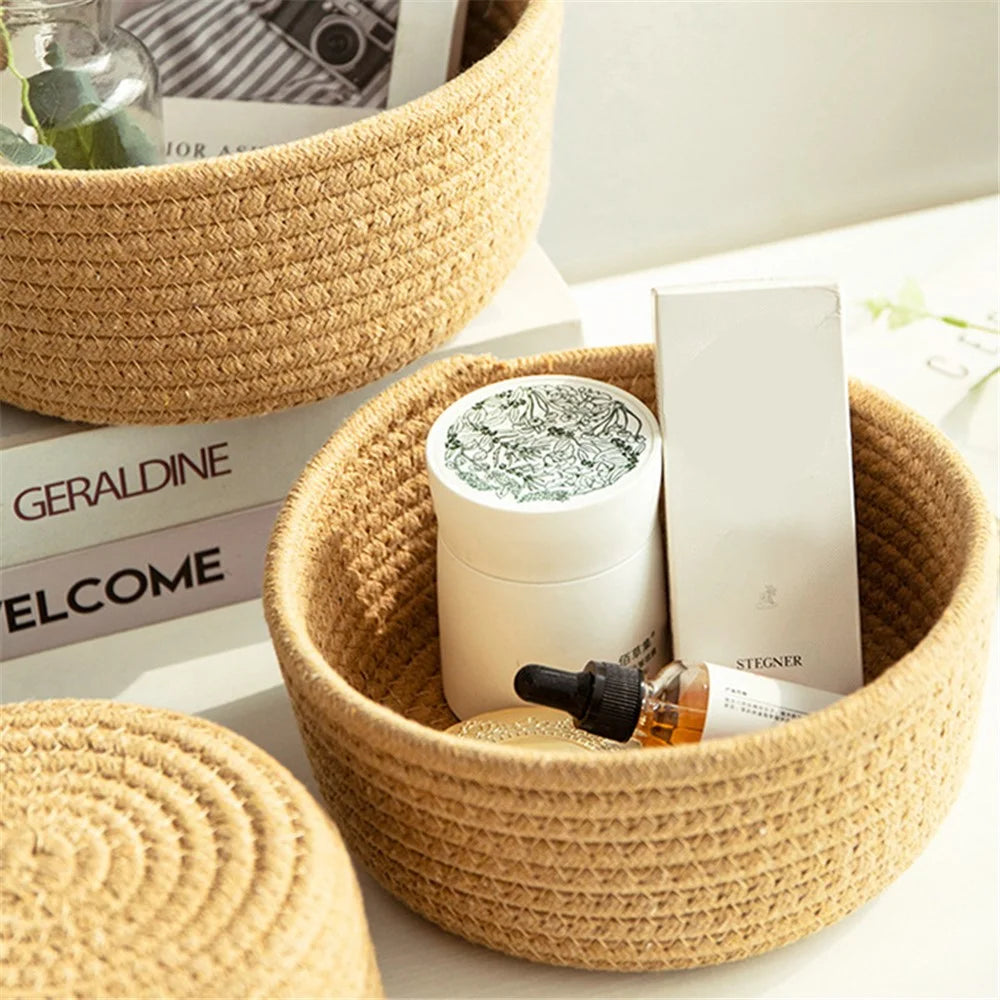 3Pcs / Set Nordic Cotton Rope Woven Storage Basket Round Desktop Cosmetics Organizer Basket - Yellowish Brown - 4