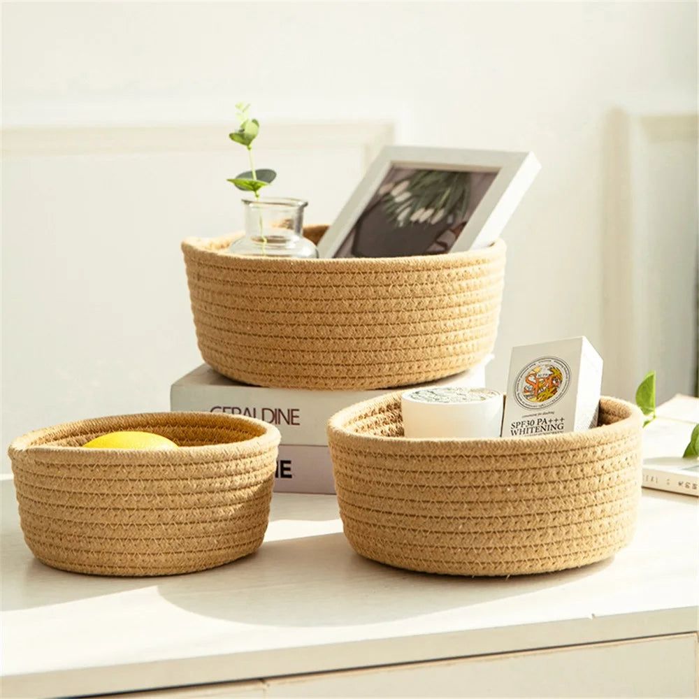 3Pcs / Set Nordic Cotton Rope Woven Storage Basket Round Desktop Cosmetics Organizer Basket - Yellowish Brown - 5