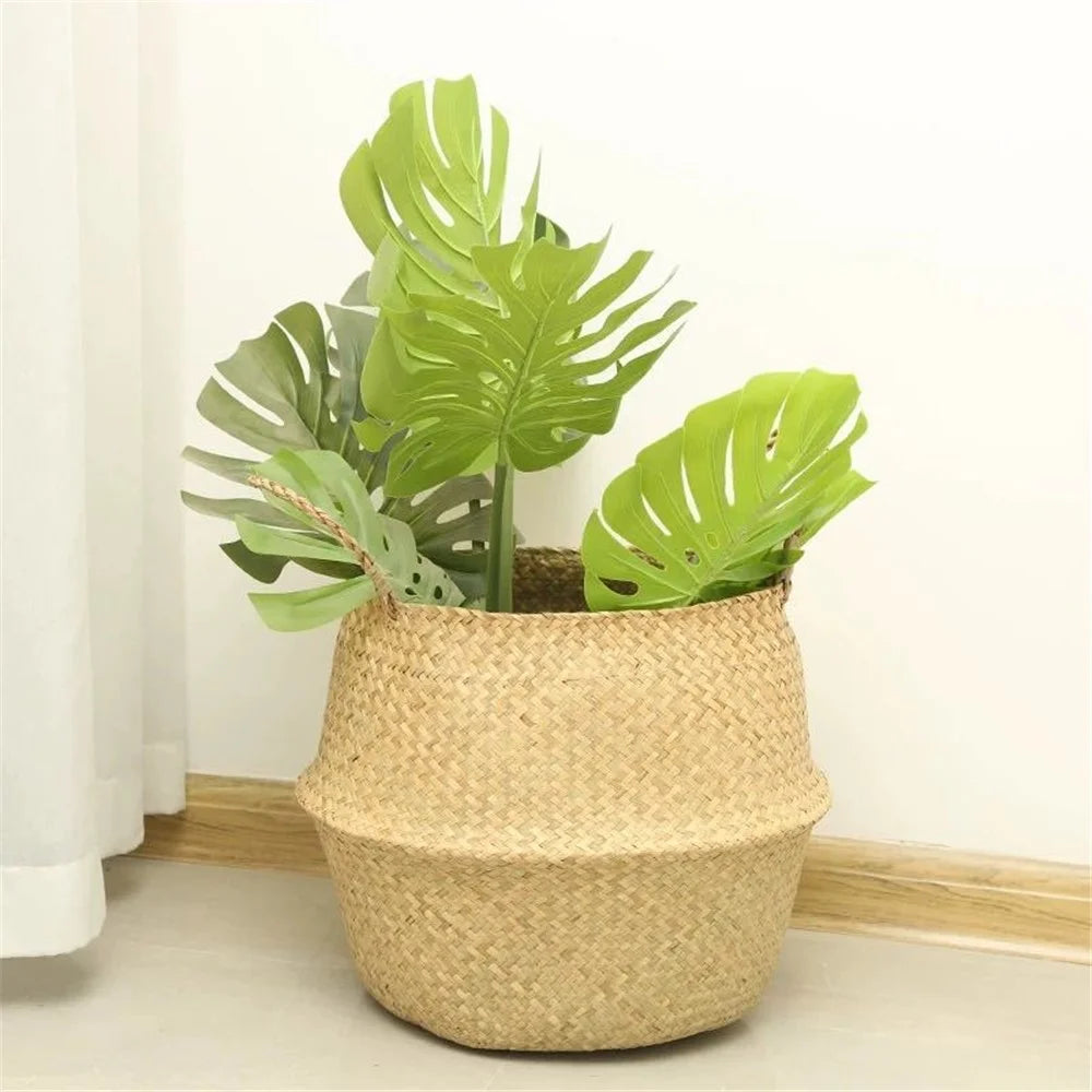 Woven Straw Basket Flowerpot Plant Handwoven Storage Bin Home Decoration Organizer Bag - Yellow - 2
