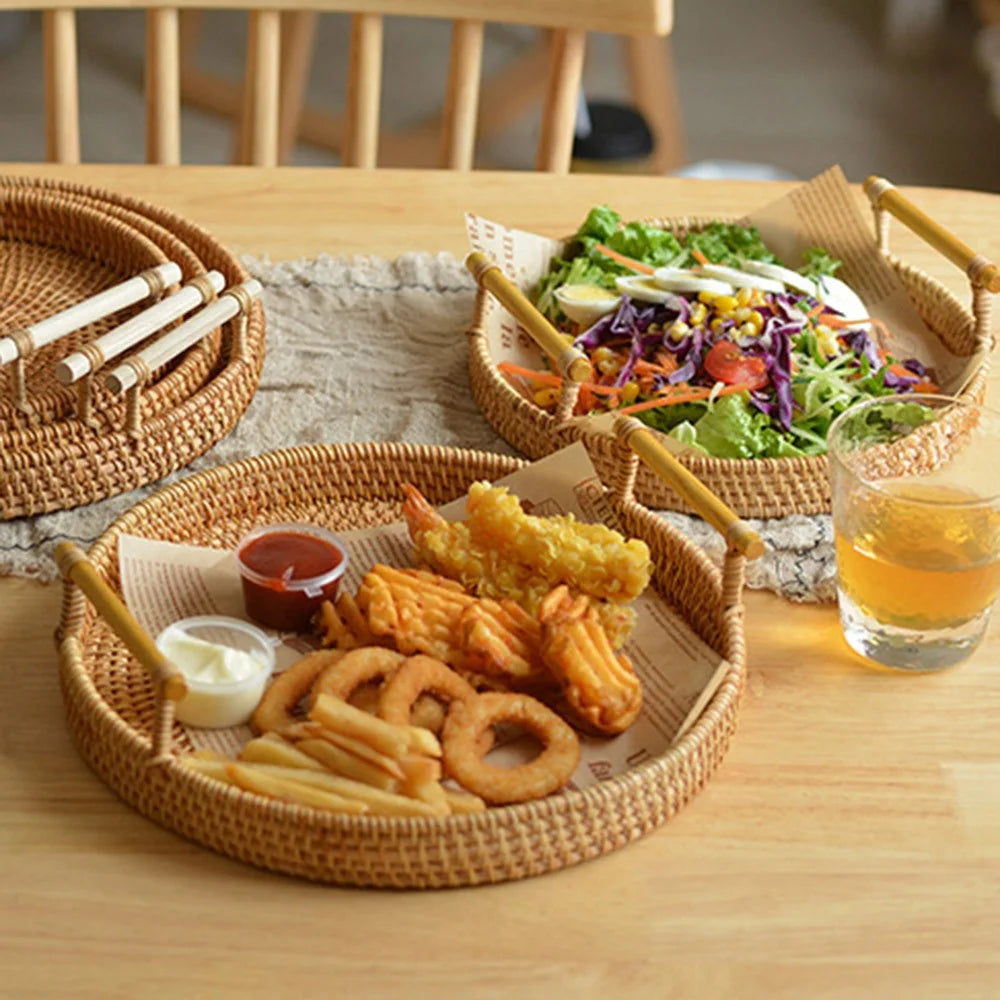 Bread Fruit Storage Basket Woven Rattan Round Tray with Handle L (No FDA) - 4