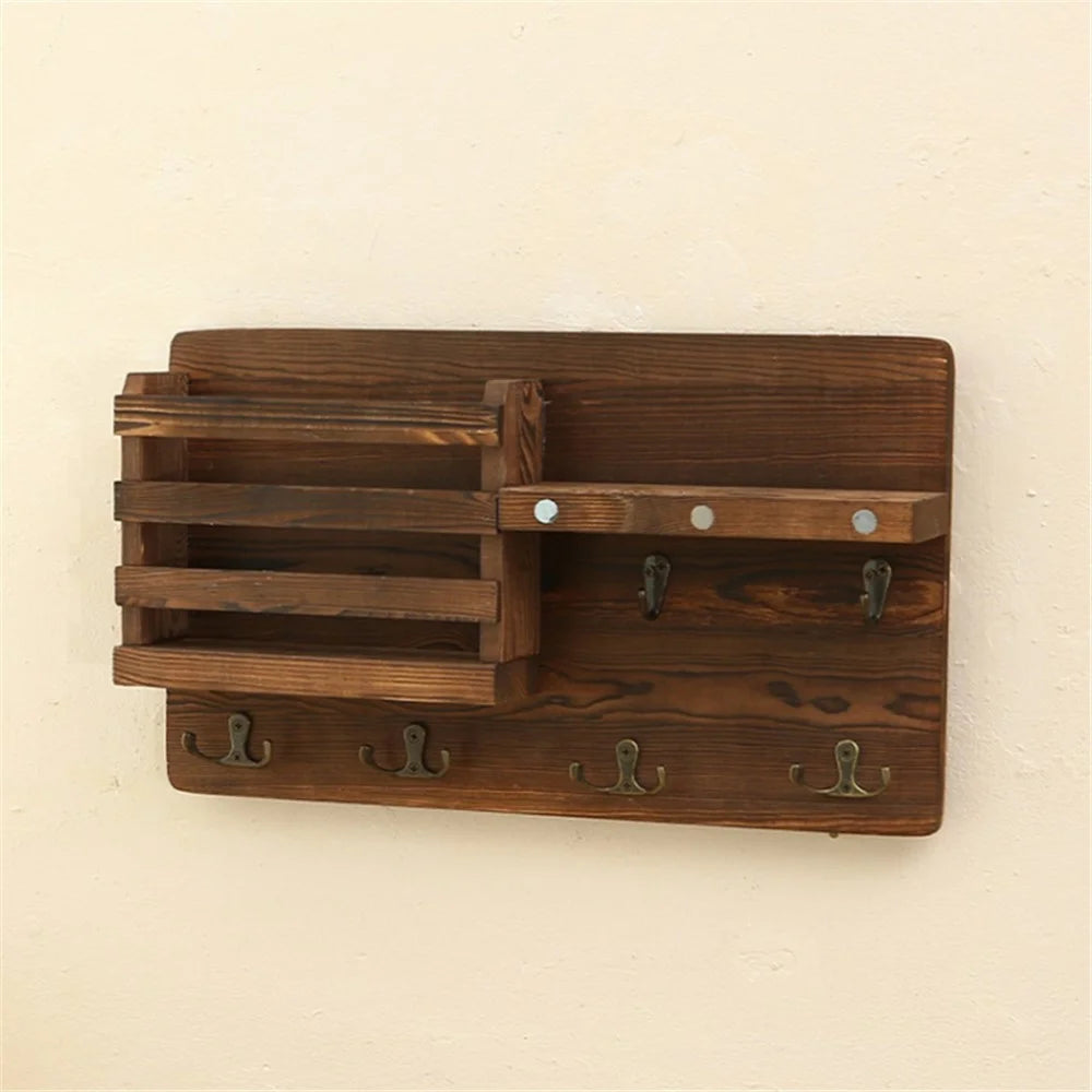 Rustic Wall-mounted Storage Rack Multifunctional Solid Wood Hanger Shelf - 4
