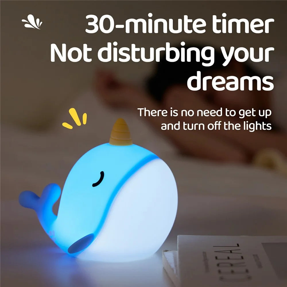 A044 Narwhal Silicone Night Light Tap Control Stress Relief Bedside Lamp Gift Desktop Decor - Blue - 7