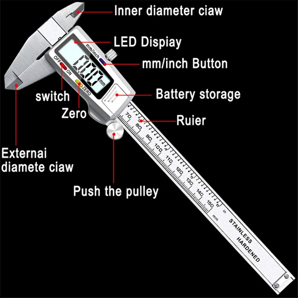 0-150mm Digital Vernier Stainless Steel LCD Display Caliper with Tri-color Button for Length Width Depth Diameter - 5