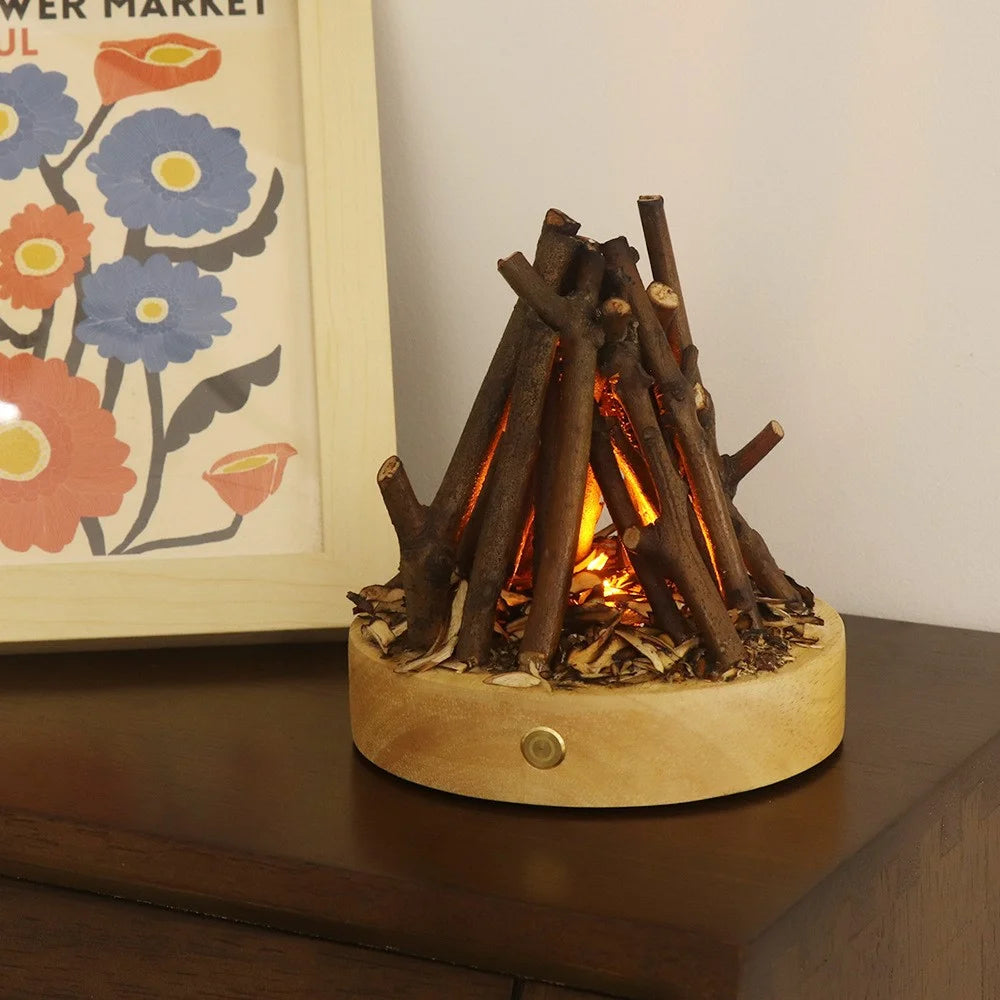 Portable Outdoor Camping Light Branch Campfire Lamp with Burning White Noise Handmade Desktop Home Decor Night Light Ambiance Lamp - Round / Natural Wood - 2