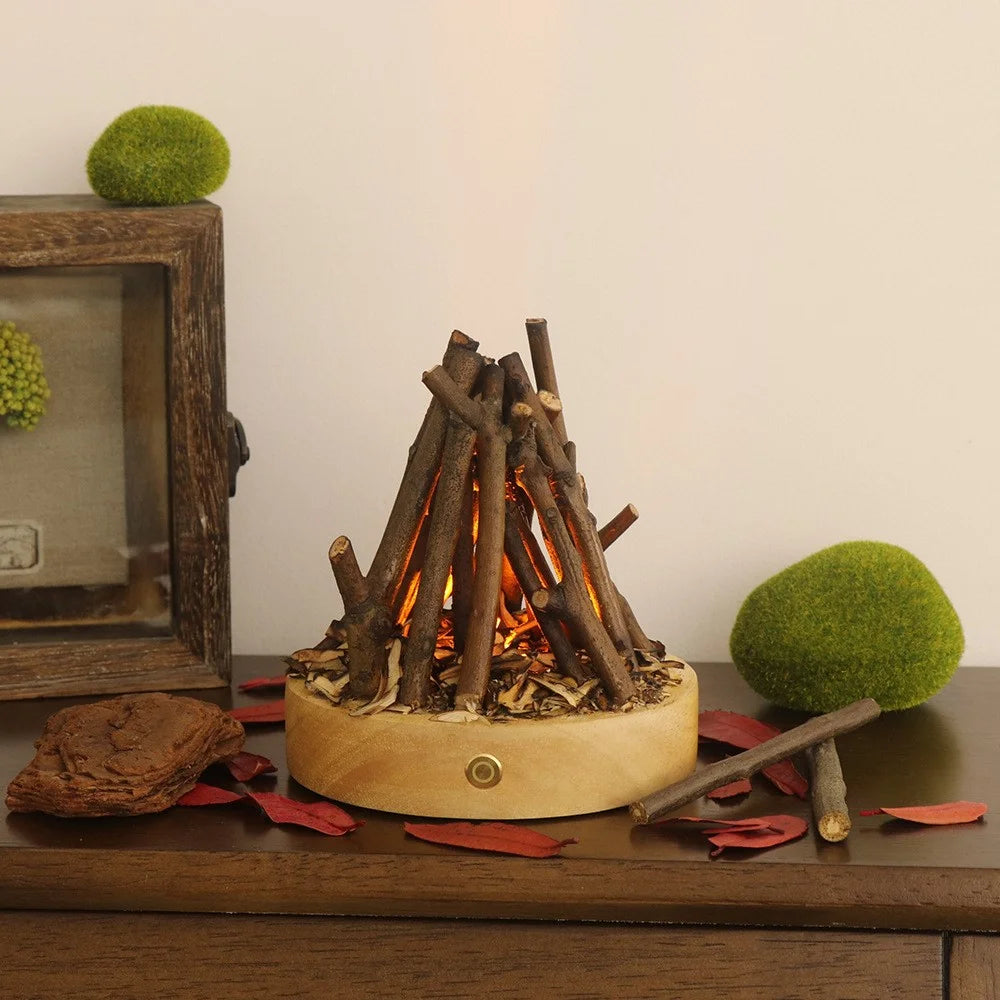 Portable Outdoor Camping Light Branch Campfire Lamp with Burning White Noise Handmade Desktop Home Decor Night Light Ambiance Lamp - Round / Natural Wood - 4