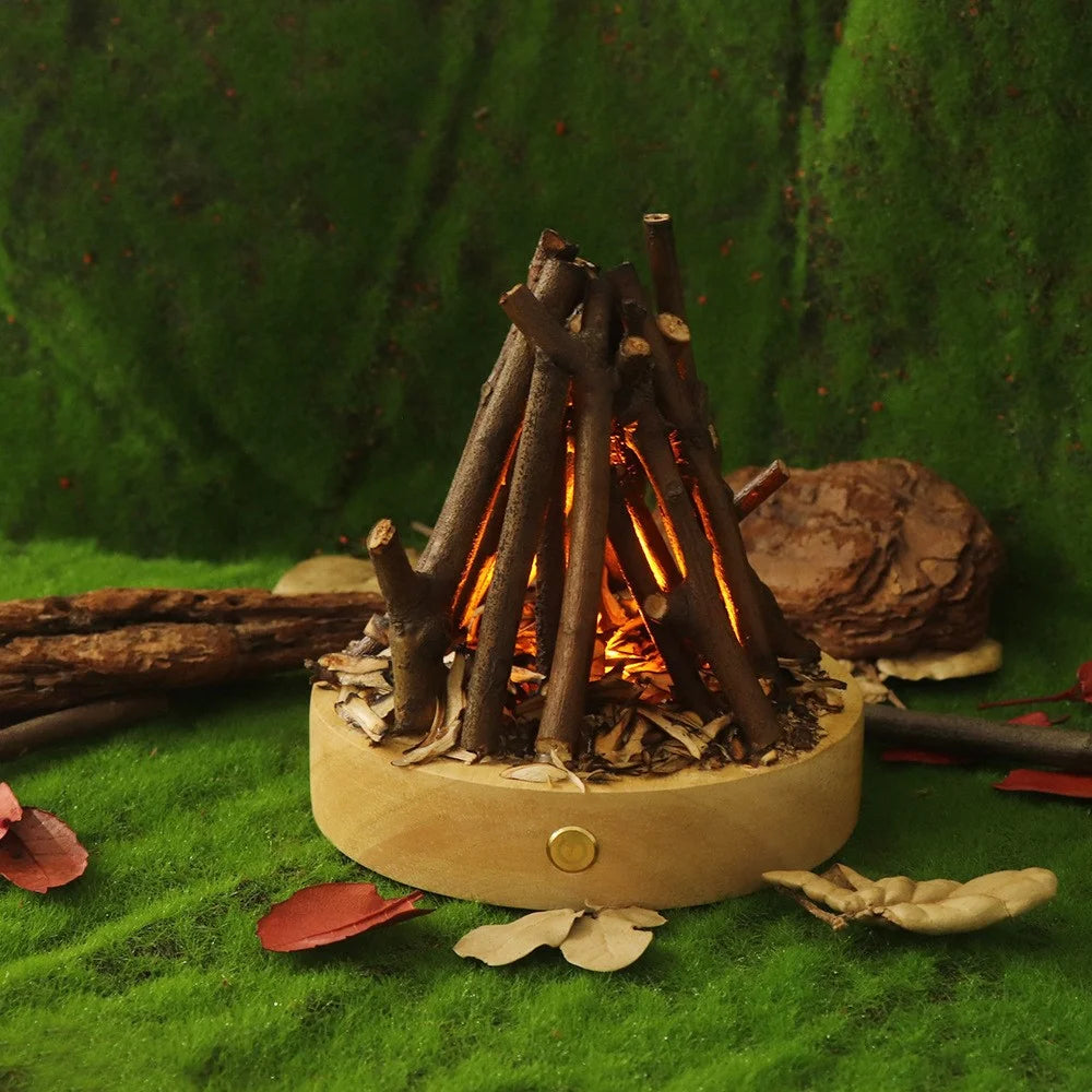 Portable Outdoor Camping Light Branch Campfire Lamp with Burning White Noise Handmade Desktop Home Decor Night Light Ambiance Lamp - Round / Natural Wood - 7