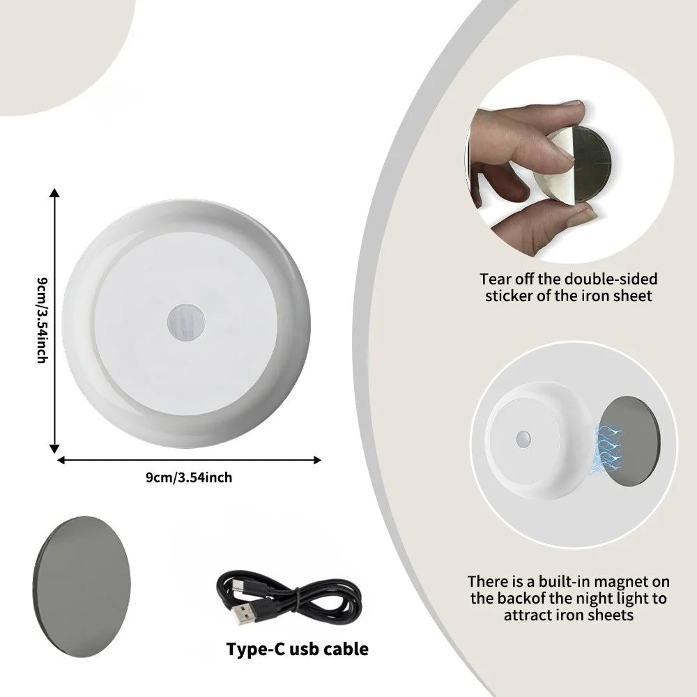 Round Wall Light Rechargeable Motion Sensor 3-Color Dimming LED Night Light with Magnetic Base - White - 7
