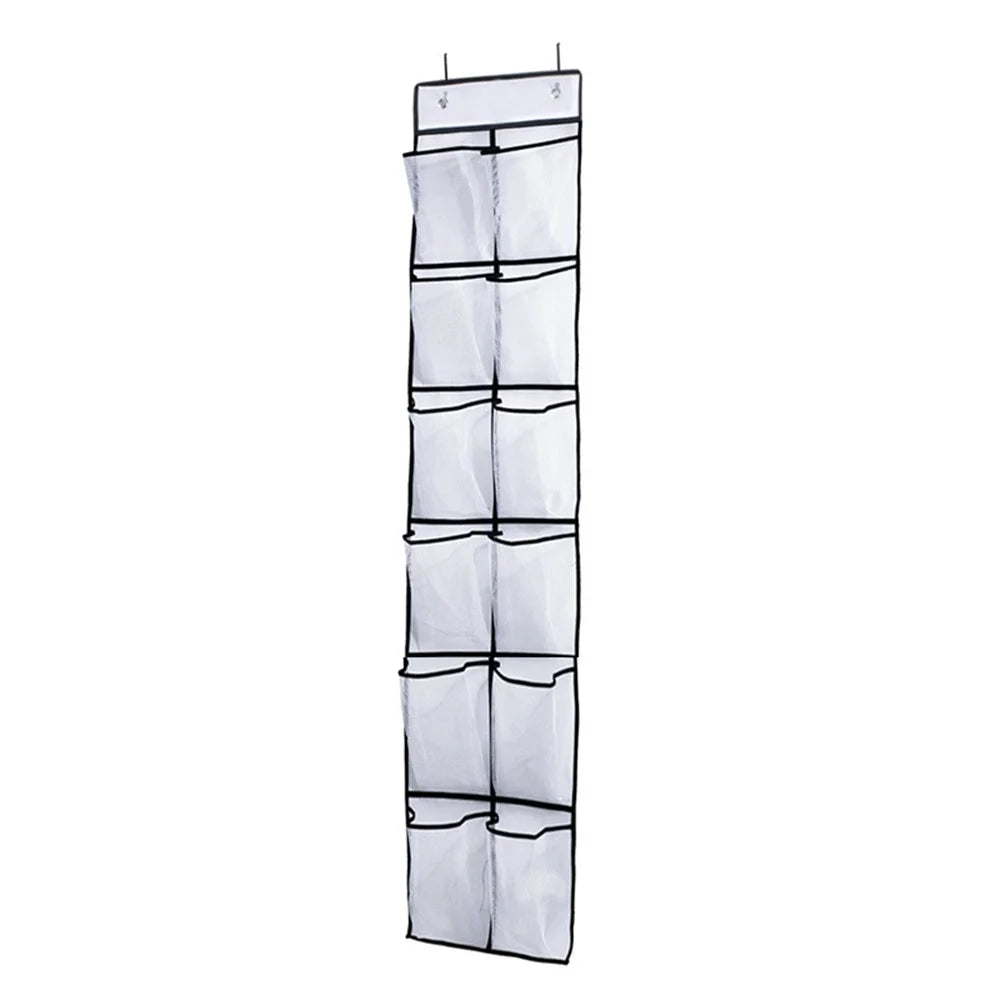 12 Pockets Over Door Shoes Organizer Non-Woven Transparent PVC Shoes Hanging Storage Bag - White - 1