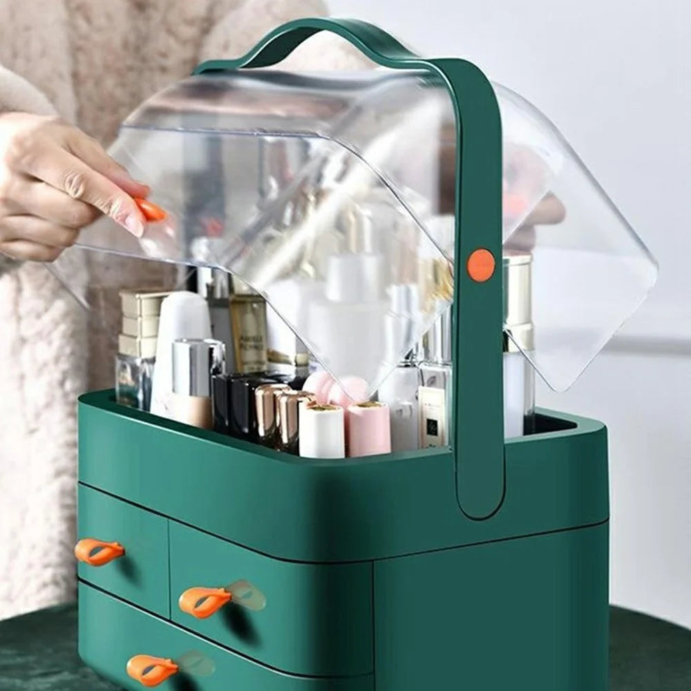 Large Size Cosmetic Organizer with Drawers Dustproof Makeup Skincare Products Storage Box - Blackish Green - 2