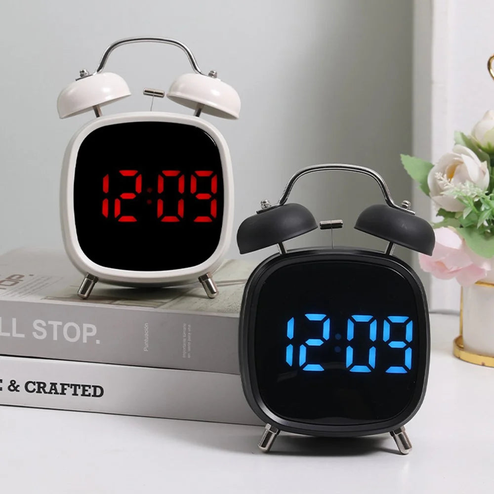 GH8032 Creative LED Alarm Clock Large Volume Metal Bell Digital Clock for Heavy Sleepers - Black Shell / White Light - 4