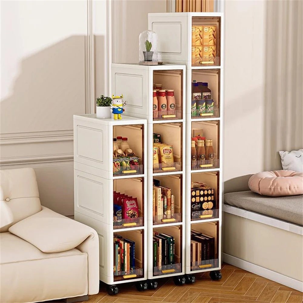 Foldable 5 Tier PP Storage Cabinet Transparent Door Kitchen Living Room Narrow Space Organizer with Wheels - 5