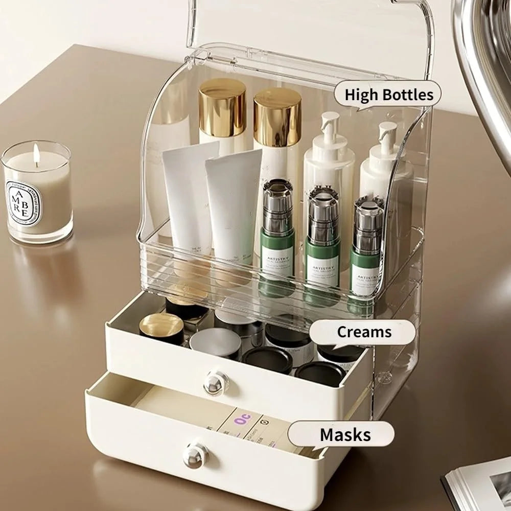 Cosmetic Organizer Box Transparent Flip Top Desktop Vanity Drawer Storage Lipstick Holder - Creamy White - 6