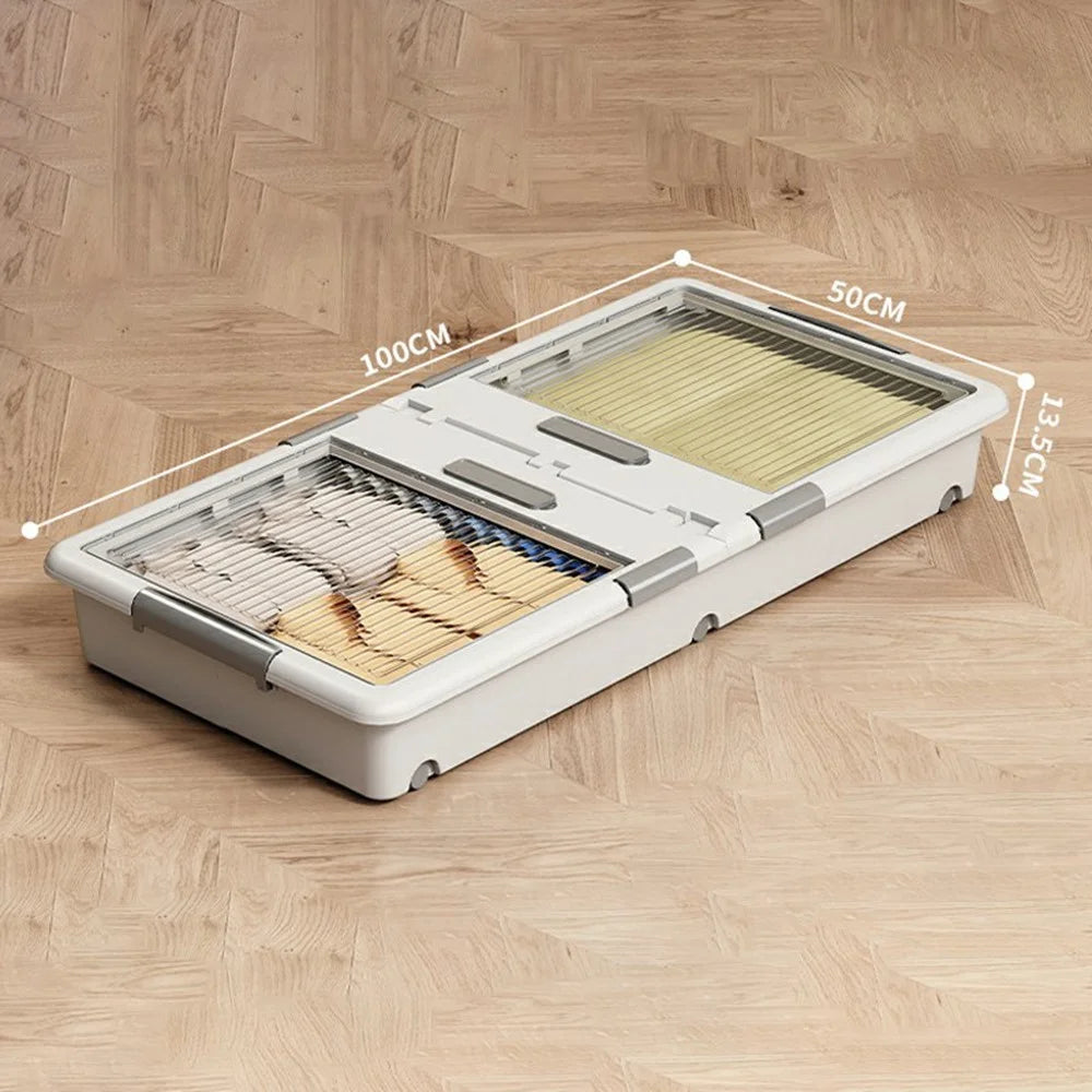 Under Bed Clothes Bedding PP Storage Box Foldable Double-Sided Lid Dustproof Organizer with Wheels, 100x50x13.5cm - White - 7