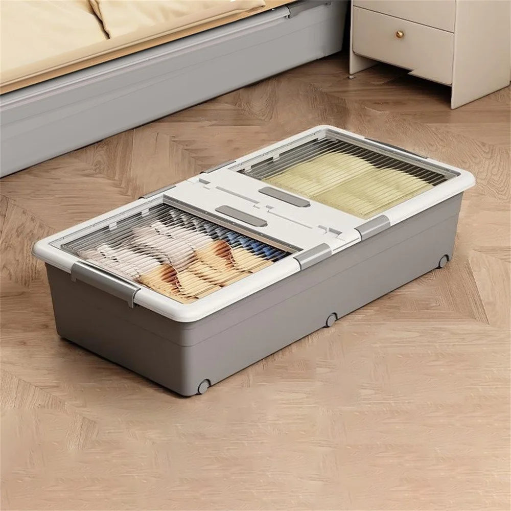 Under Bed Clothes Bedding PP Storage Box Foldable Double-Sided Lid Dustproof Organizer with Wheels, 100x50x20cm - Grey - 1