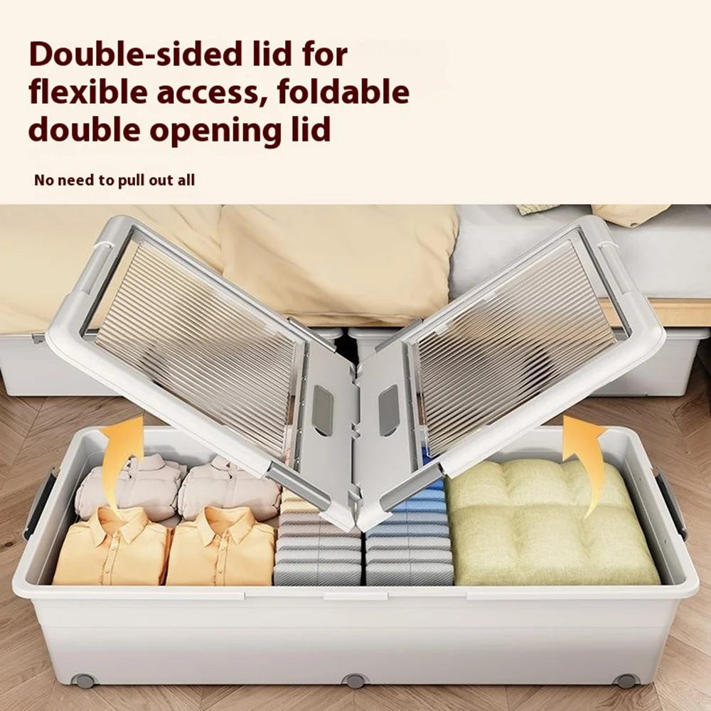 Under Bed Clothes Bedding PP Storage Box Foldable Double-Sided Lid Dustproof Organizer with Wheels, 100x50x32.5cm - Grey - 4