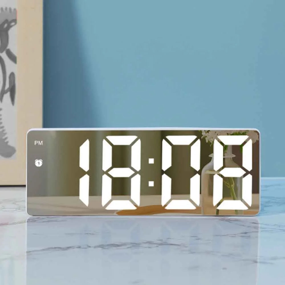 LED Digital Alarm Clock for Students Mirror Surface Desktop Clock with Voice Control Function - Black Shell+Black Surface+White Light - 5
