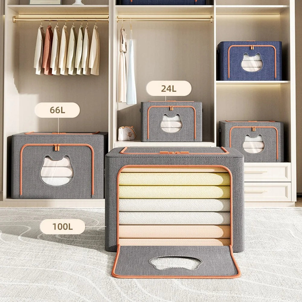66L 50 x 40 x 33CM Foldable Storage Box with Cat Ear Window Cationic Fabric Steel Frame Organizer - Grey - 5