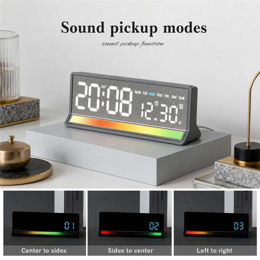 LED Digital Alarm Clock Large Display Sound Pickup RGB Light USB Output Time Date Week Temperature Desk Clock - 6675 / Black Shell White Light - 4