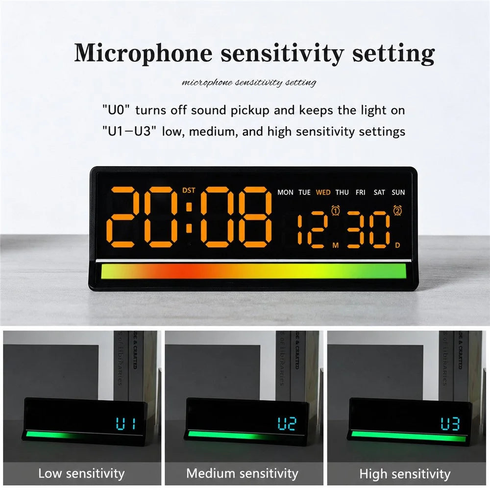 LED Digital Alarm Clock Large Display Sound Pickup RGB Light USB Output Time Date Week Temperature Desk Clock - 6675 / Black Shell White Light - 6