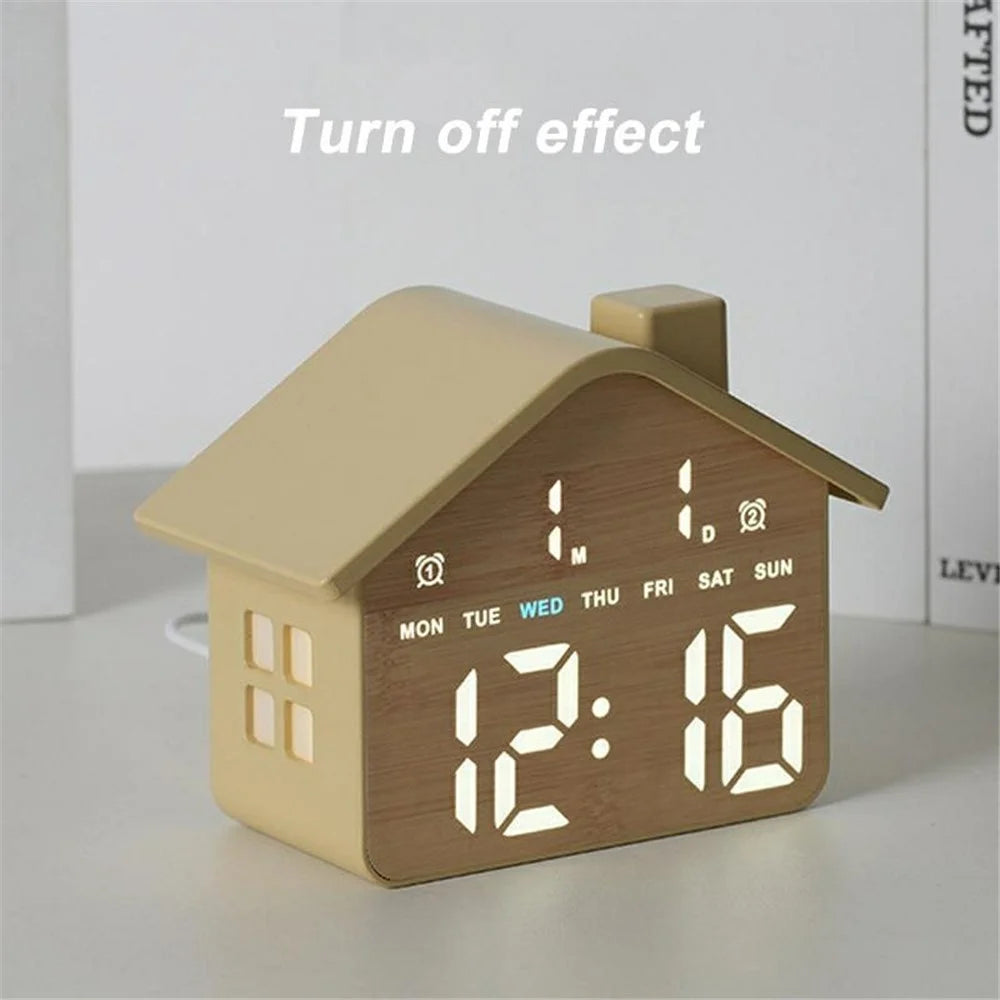 House Shaped Digital Alarm Clock LED Night Light Dual Alarm 4-Level Brightness Bedside Table Clock - GH8063 / Yellow - 2