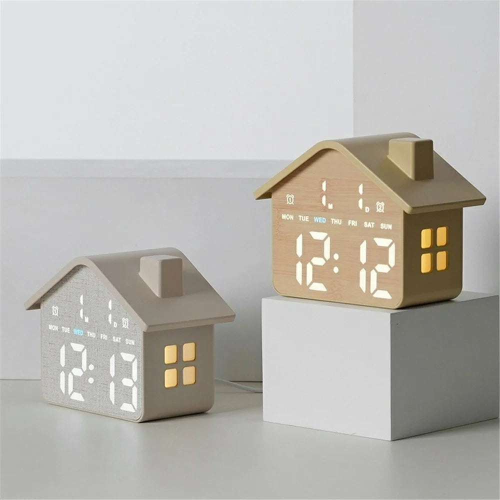 House Shaped Digital Alarm Clock LED Night Light Dual Alarm 4-Level Brightness Bedside Table Clock - GH8063 / Yellow - 6