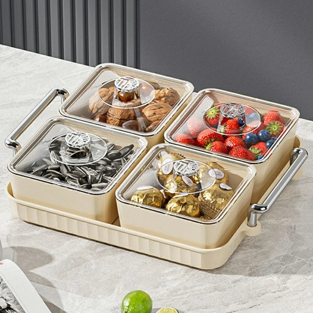 4-Compartment PET Snack Tray with Lid Dustproof Food Storage Box Fruit Candy Container (BPA Free, No FDA) - Creamy White - 2