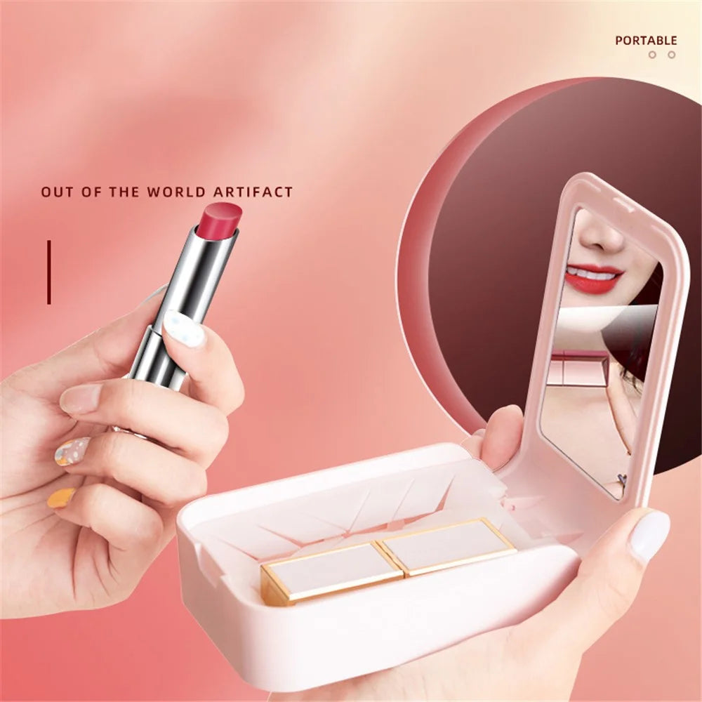 ABS+Silicone Makeup Lipstick Storage Box Container Gift Portable Lip Cream Case Holder with Mirror for Women Girls - Pink - 4