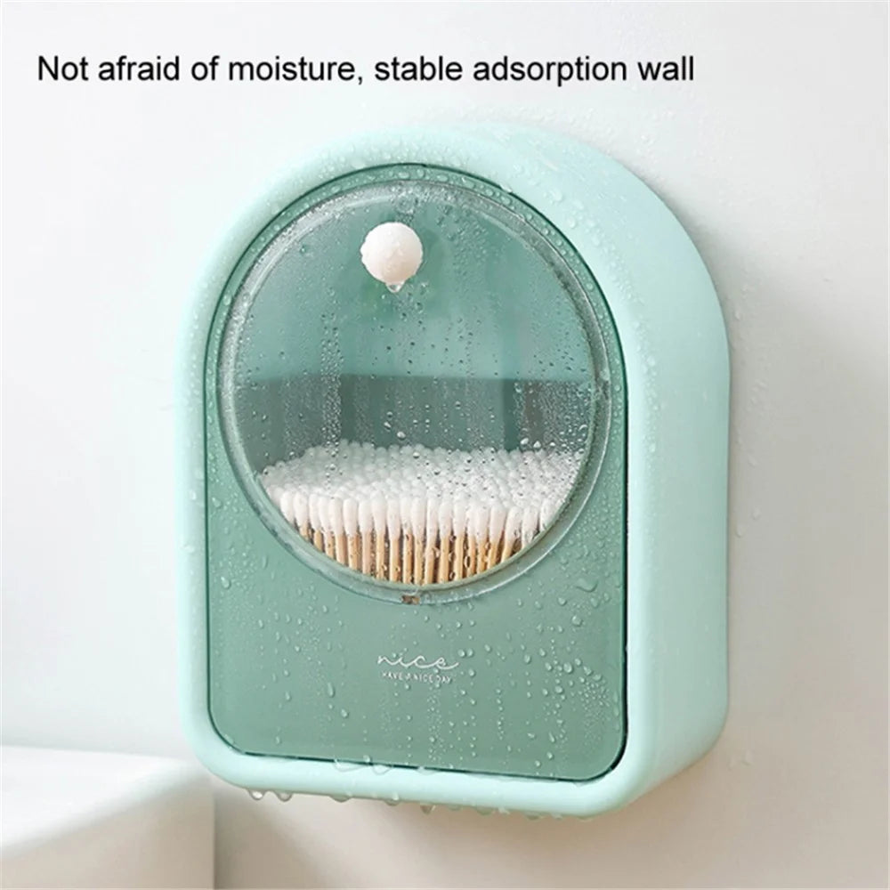 Bathroom Wall-Mounted Cotton Swab Holder Cosmetic Storage Box for Cotton Swabs, Makeup Pads - Green - 4