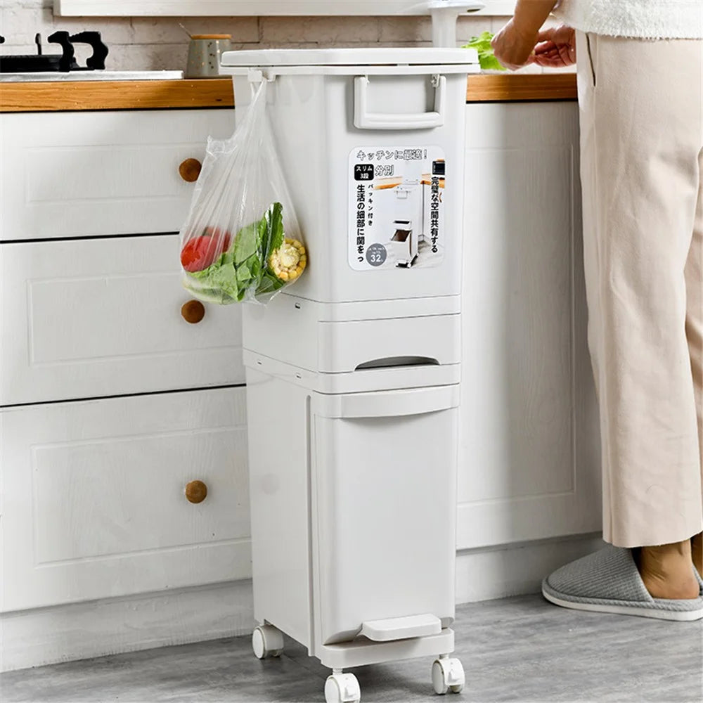 7030 32L Long Tube Kitchen Double Layer Mobile Pulley Garbage Basket Dry Wet Separation Trash Can - 2