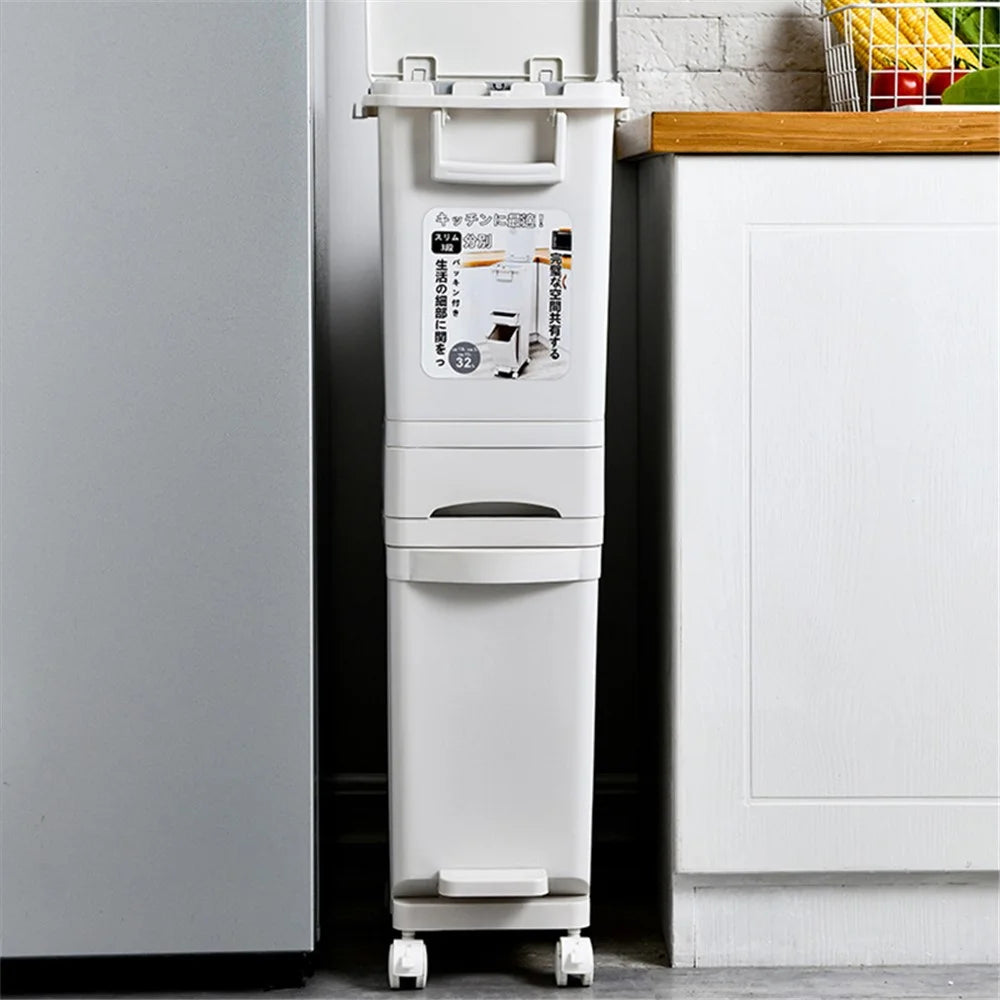 7030 32L Long Tube Kitchen Double Layer Mobile Pulley Garbage Basket Dry Wet Separation Trash Can - 6