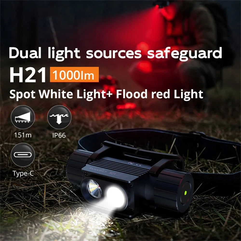 TANK007 H21 Spotlight / Floodlight Dual Light Source Headlamp 1000 Lumens Aluminum Alloy Head Torch - White+Red - 3