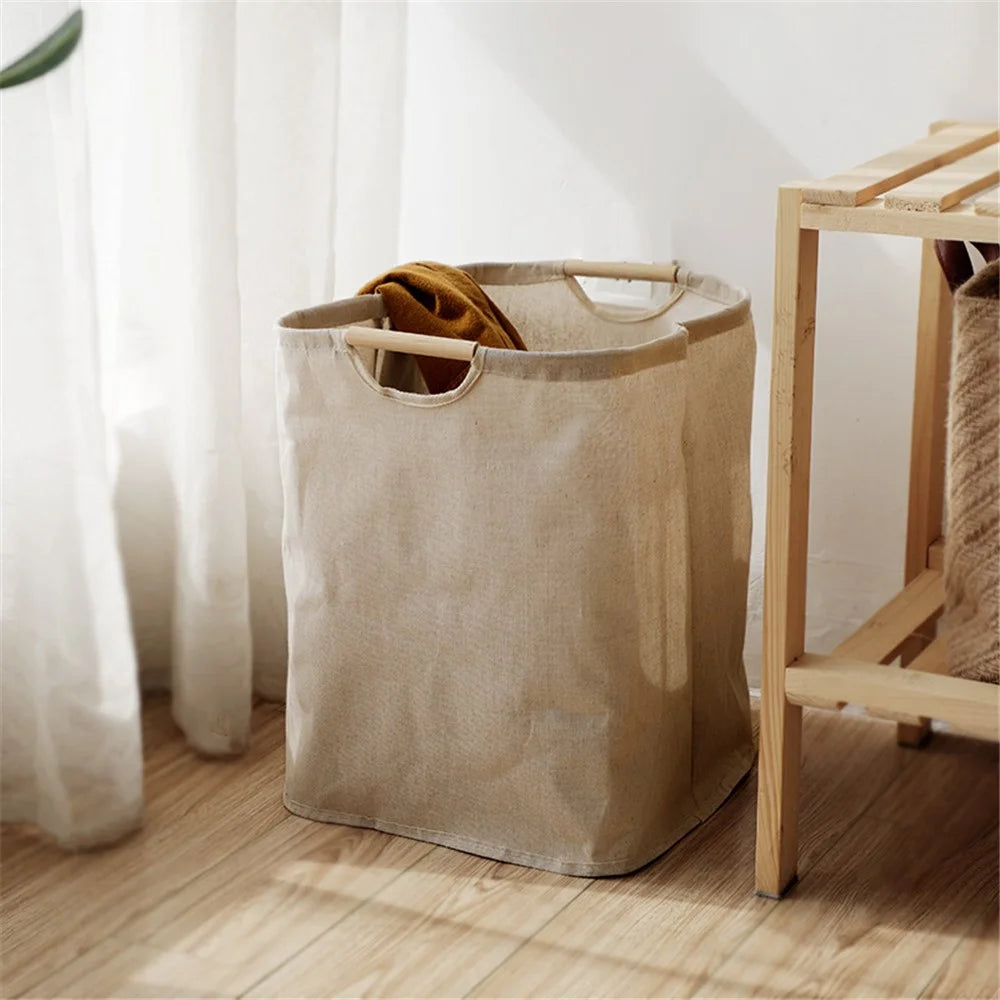 Collapsible Laundry Basket with Wooden Handles Cotton Linen Storage Basket for Clothes Blanket Kids Toy, Size L - 6