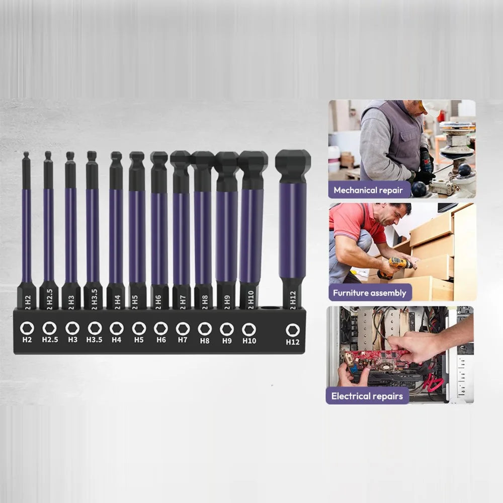 13Pcs / Set 1 / 4 Inch Shank S2 Alloy Steel Hexagonal Ball End Screwdriver Bits with Mini Ratchet Wrench - 6