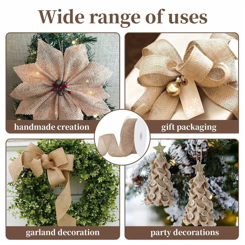 25mm Width Artificial Burlap Ribbon with Wired Edge Christmas Gift Packing DIY Crafts Wrapping Material - 3
