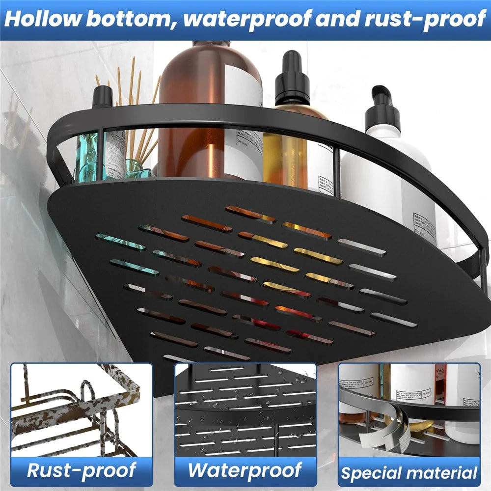 Space Aluminum Bathroom Corner Shelf Adhesive Wall Mount Shower Shampoo Triangular Storage Rack - Black - 6