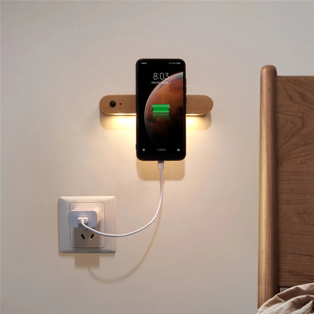 NO-HB012 Rechargeable Wooden Sensor Night Light LED Bedroom Wall Night Lamp Magnetic Key Holder Cabinet Door Hanging Lamp - 4