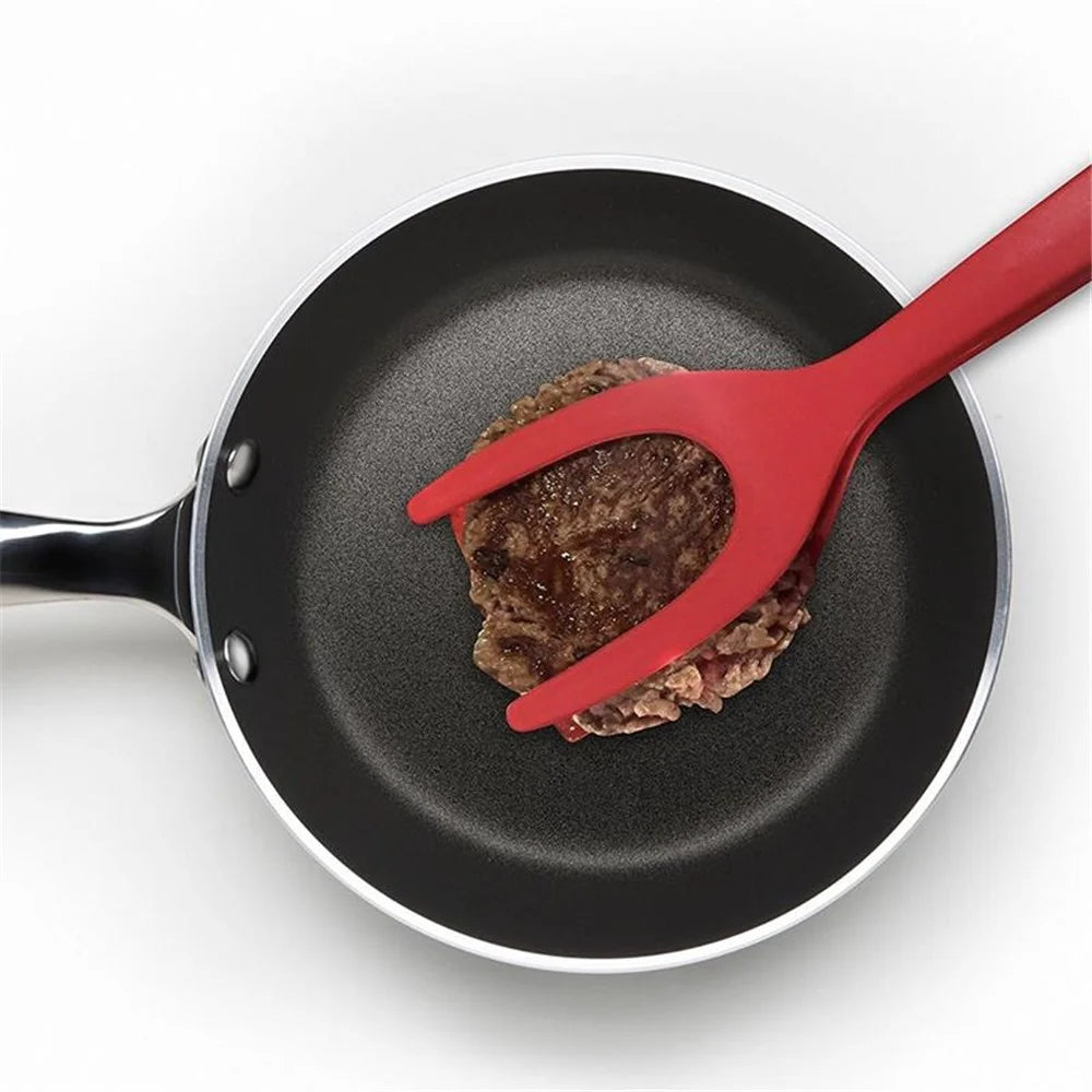 2-in-1 Clip Flip Spatula Fried Egg Steak Tongs Pancake Omelet Clamp Cooking Tongs Kitchen Tool (No FDA, BPA-free) - Black - 3